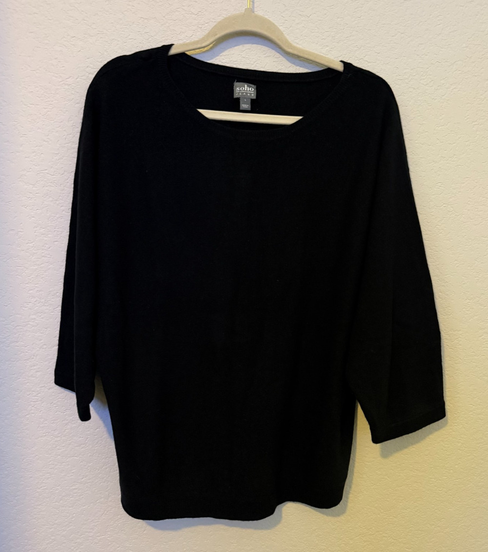 SOHO NYC Jeans Sweater Women’s Large Solid Black 3/4 Sleeve Crew Neck Pullover